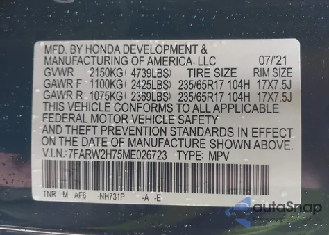 2021 Honda Cr-V Awd Special Edition из США, поврежденный, VIN 7FARW2H75ME026723
